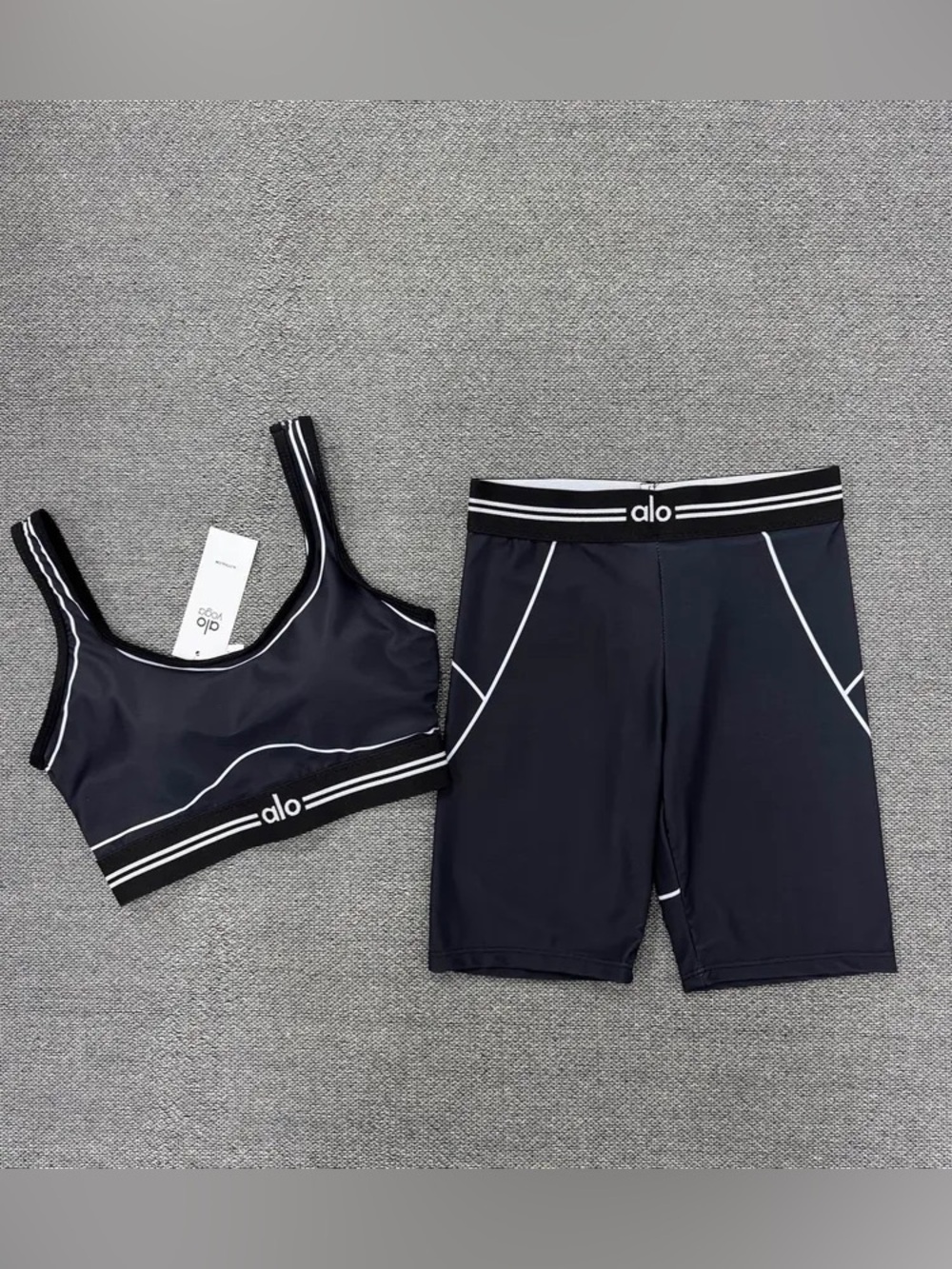 Alo Black Sports Bra and Bike Shorts Set with White Piping